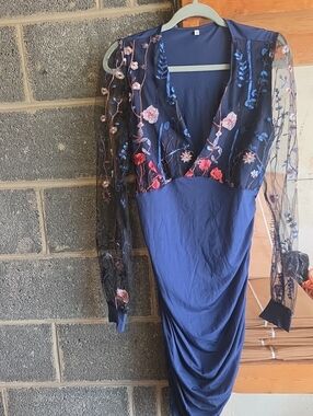 SHEIN Navy Blue Floral Embroidered Mesh Sleeve Dress